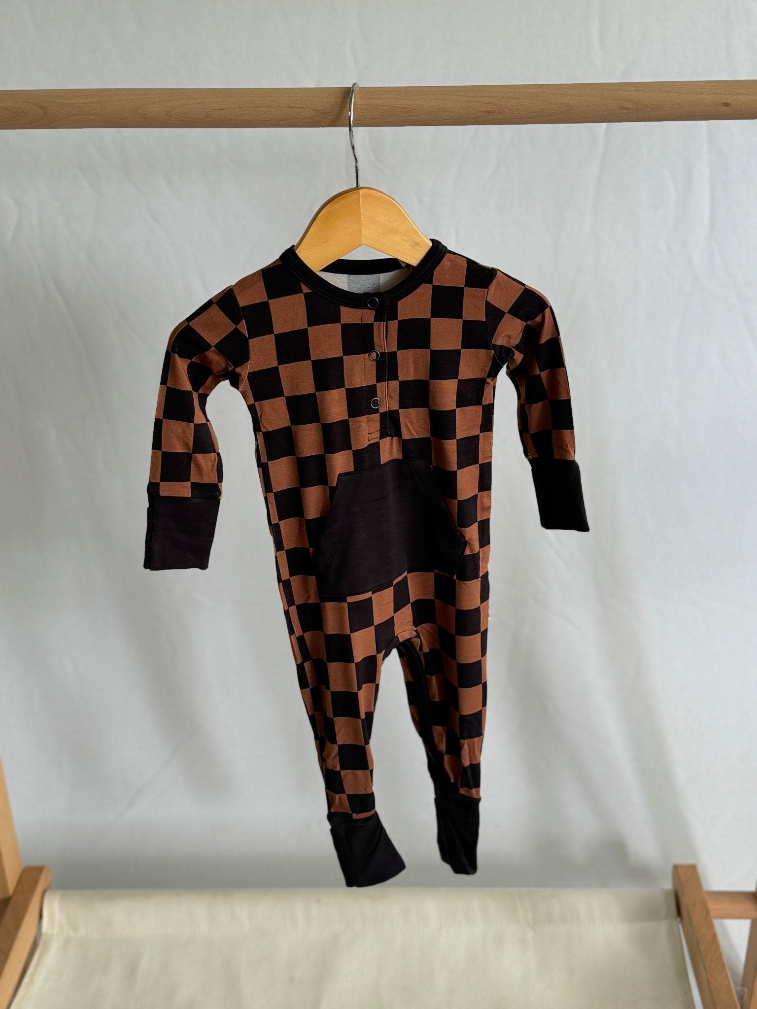 Black & Chocolate Checkered Long Sleeve Romper - Jettson Cole