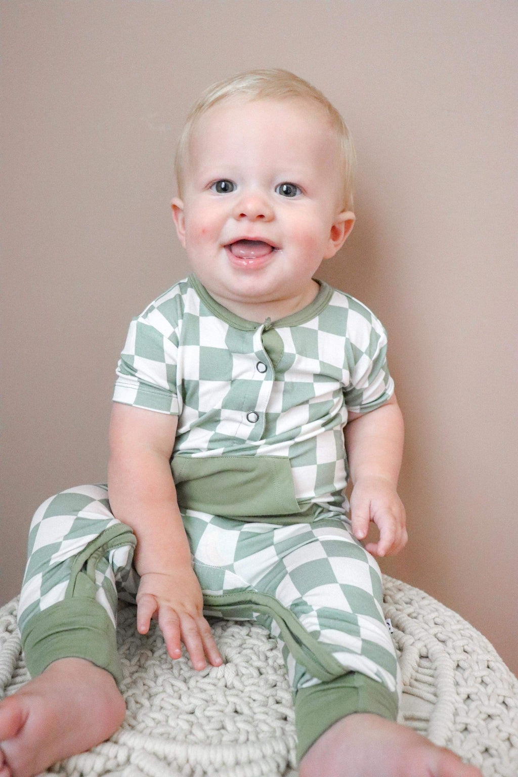 Checkered Short Sleeve Romper - Sage - Jettson Cole