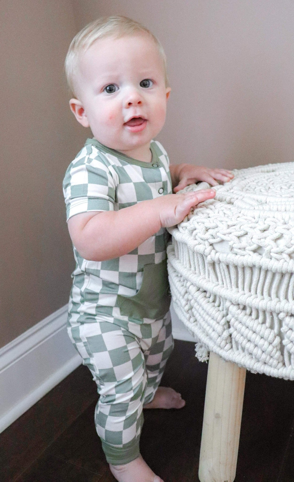 Checkered Short Sleeve Romper - Sage - Jettson Cole