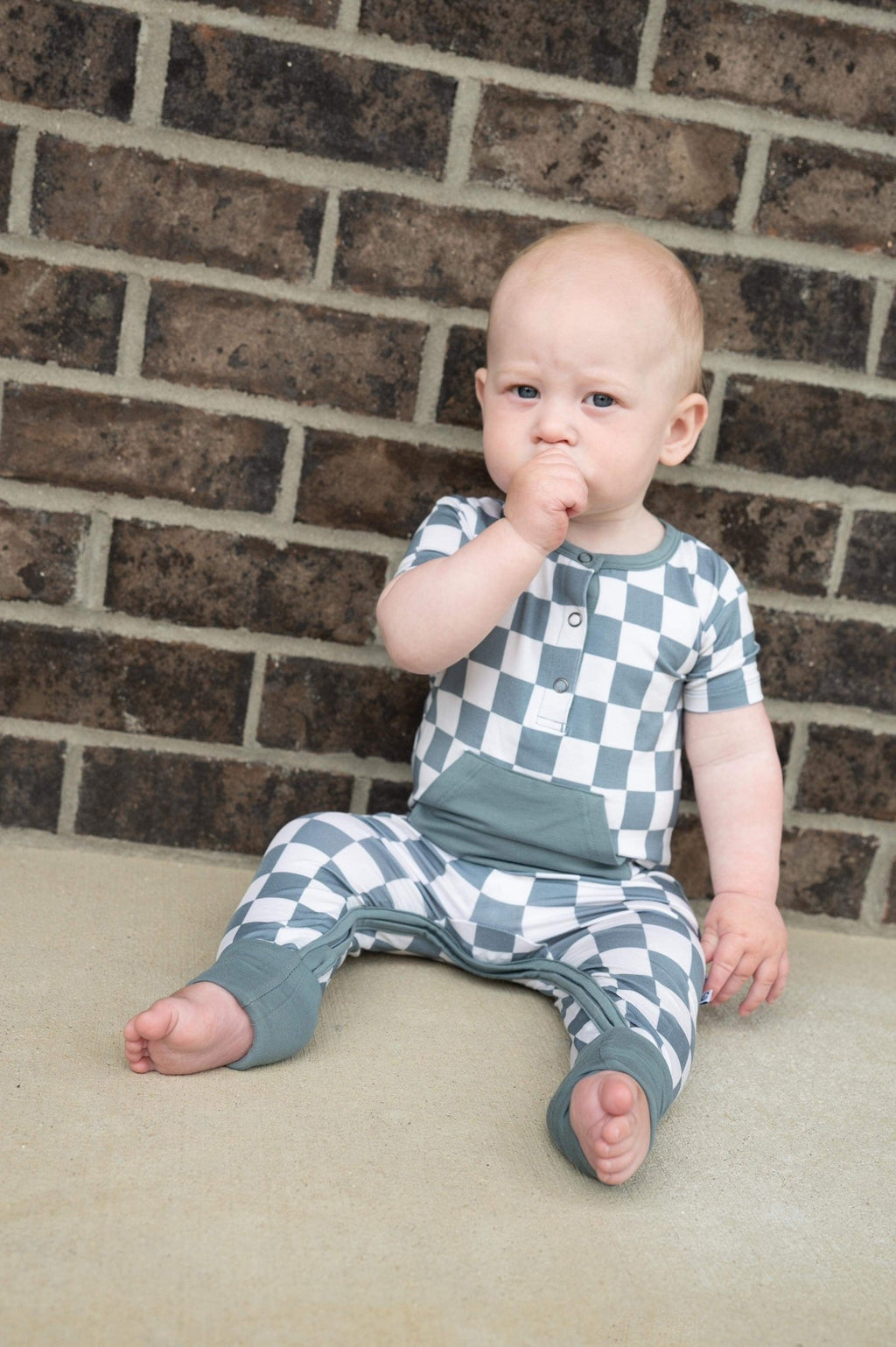 Checkered Short Sleeve Romper - Sea Blue - Jettson Cole