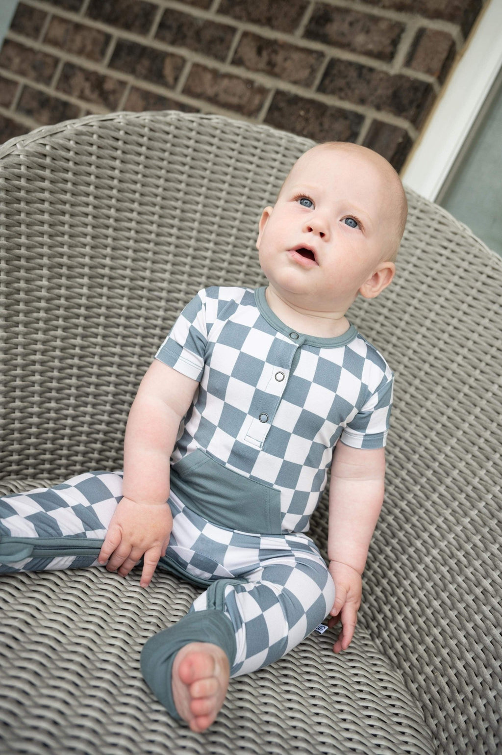 Checkered Short Sleeve Romper - Sea Blue - Jettson Cole