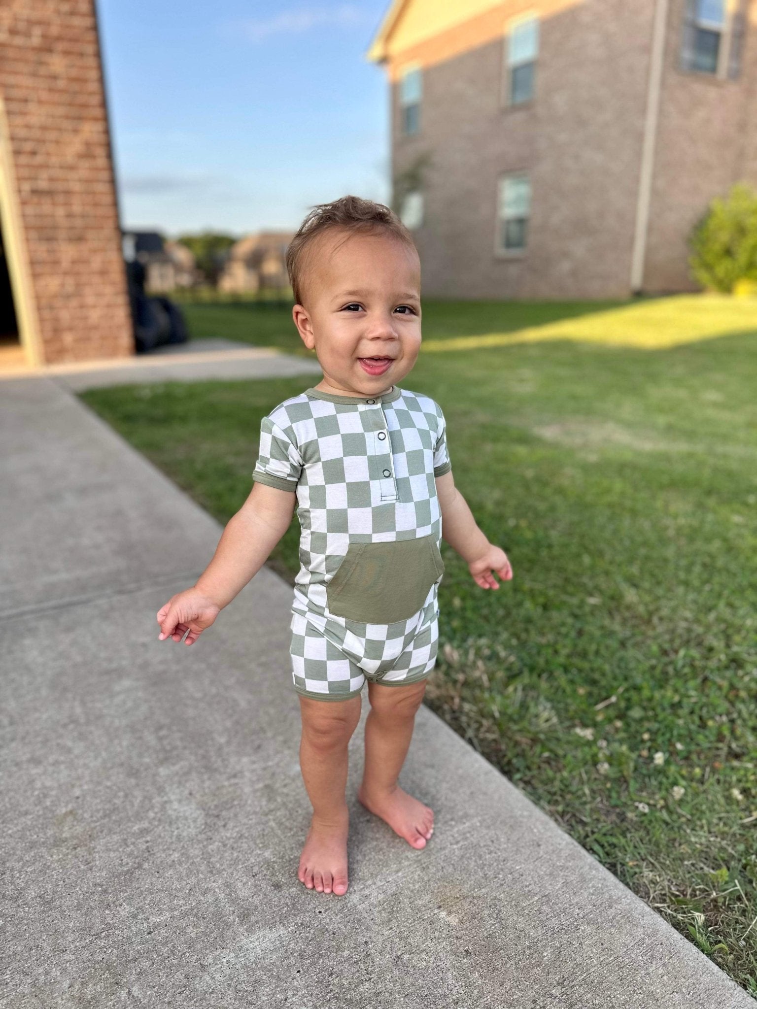 Checkered Shorty Romper - Sage - Jettson Cole