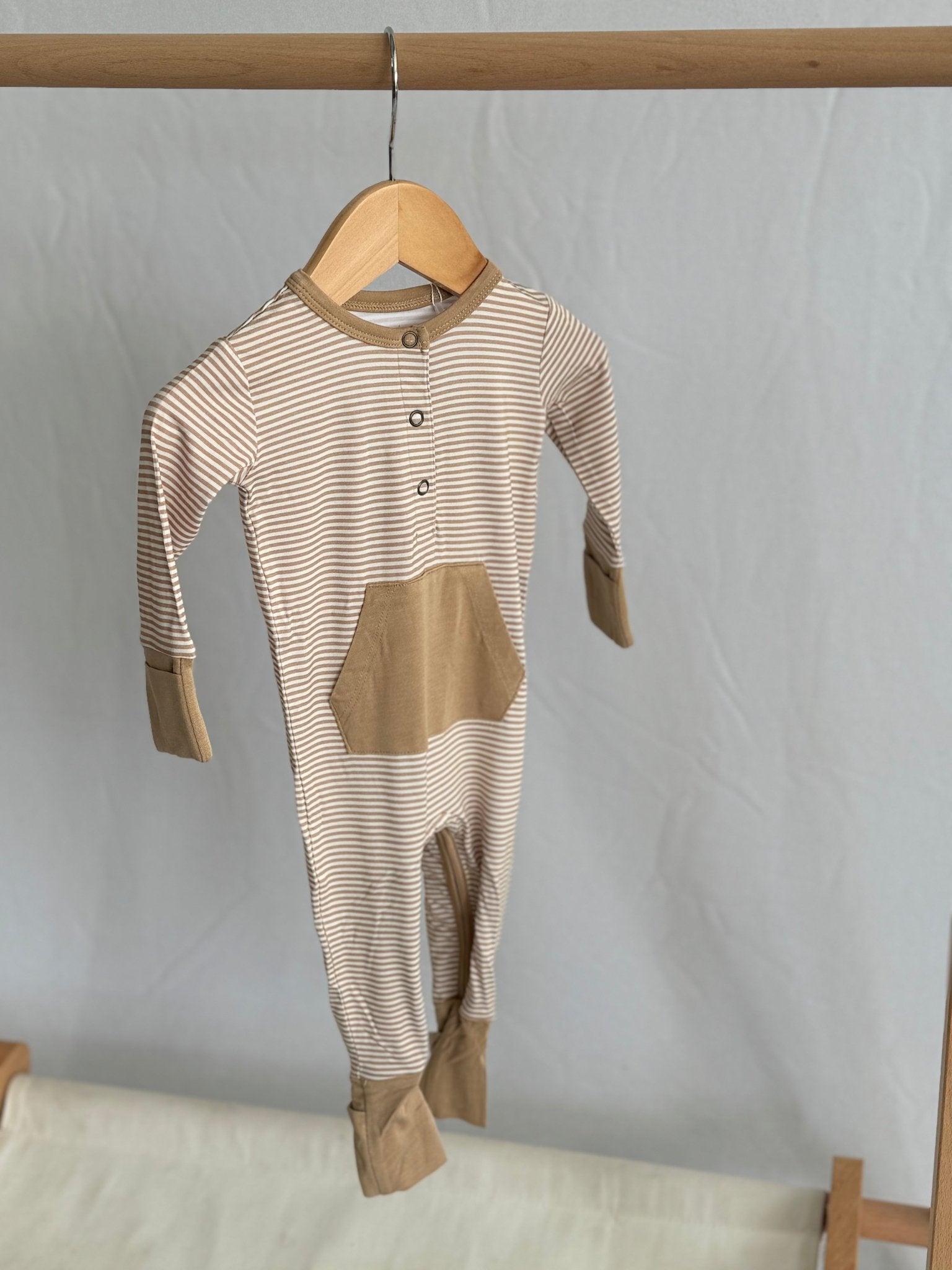 Stripped Tan Long Sleeve Romper - Jettson Cole