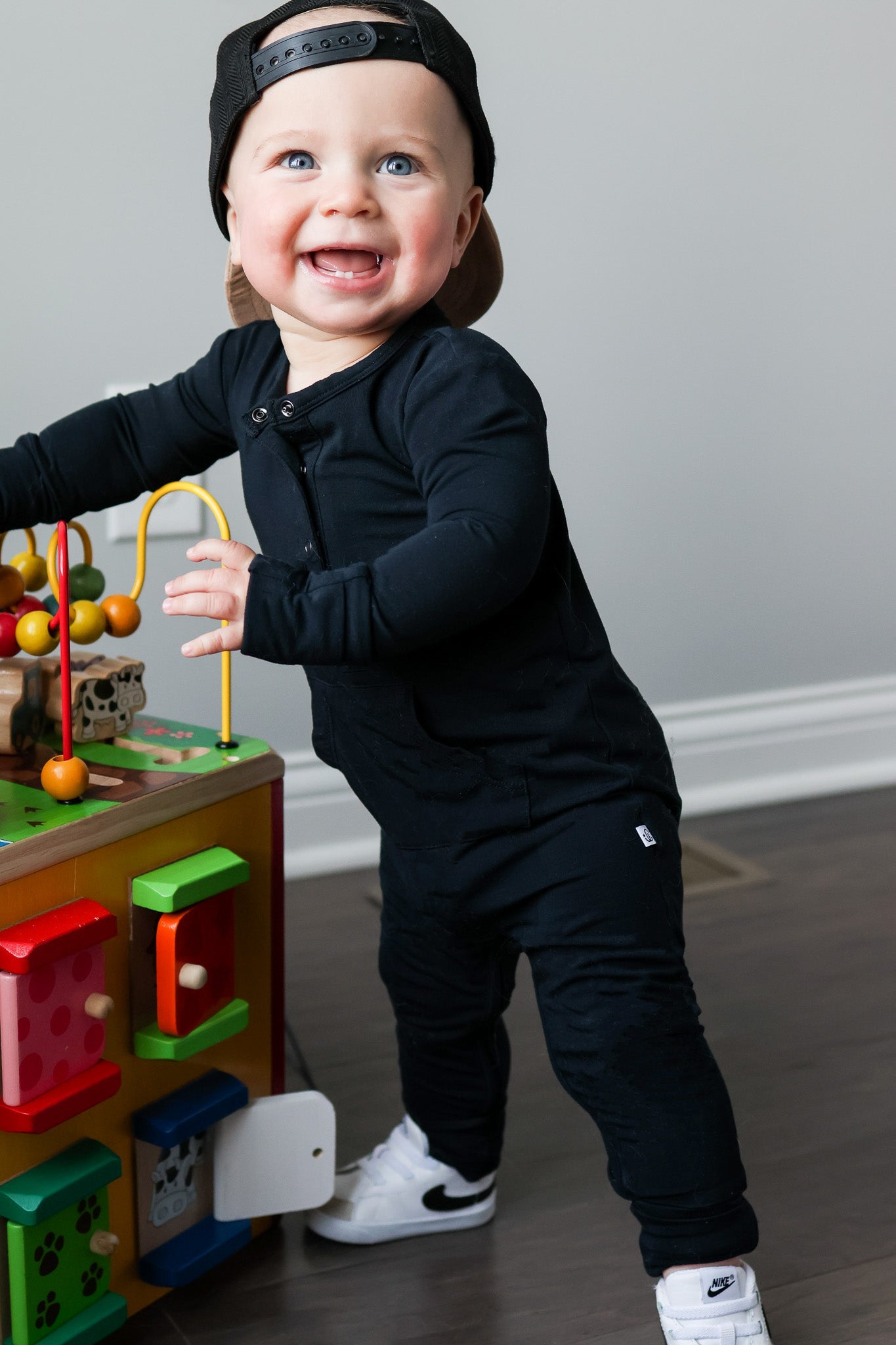 Baby Footie Romper With Mittens Bamboo - Jett Black – Jettson Cole